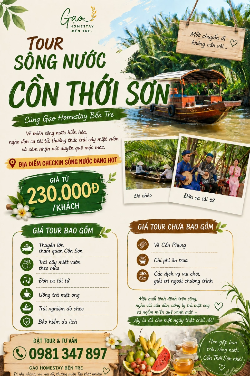 TOUR SÔNG NƯỚC CỒN THỚI SƠN - TRẢI NGHIỆM MIỀN TÂY CÙNG GẠO HOMESTAY BẾN TRE